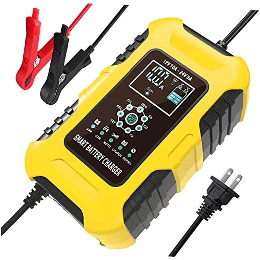 12V/24V 10-Amp Car Battery Quick Charger for Wet/GEL/SLA/LiFePO4/Lead-Acid/AGM