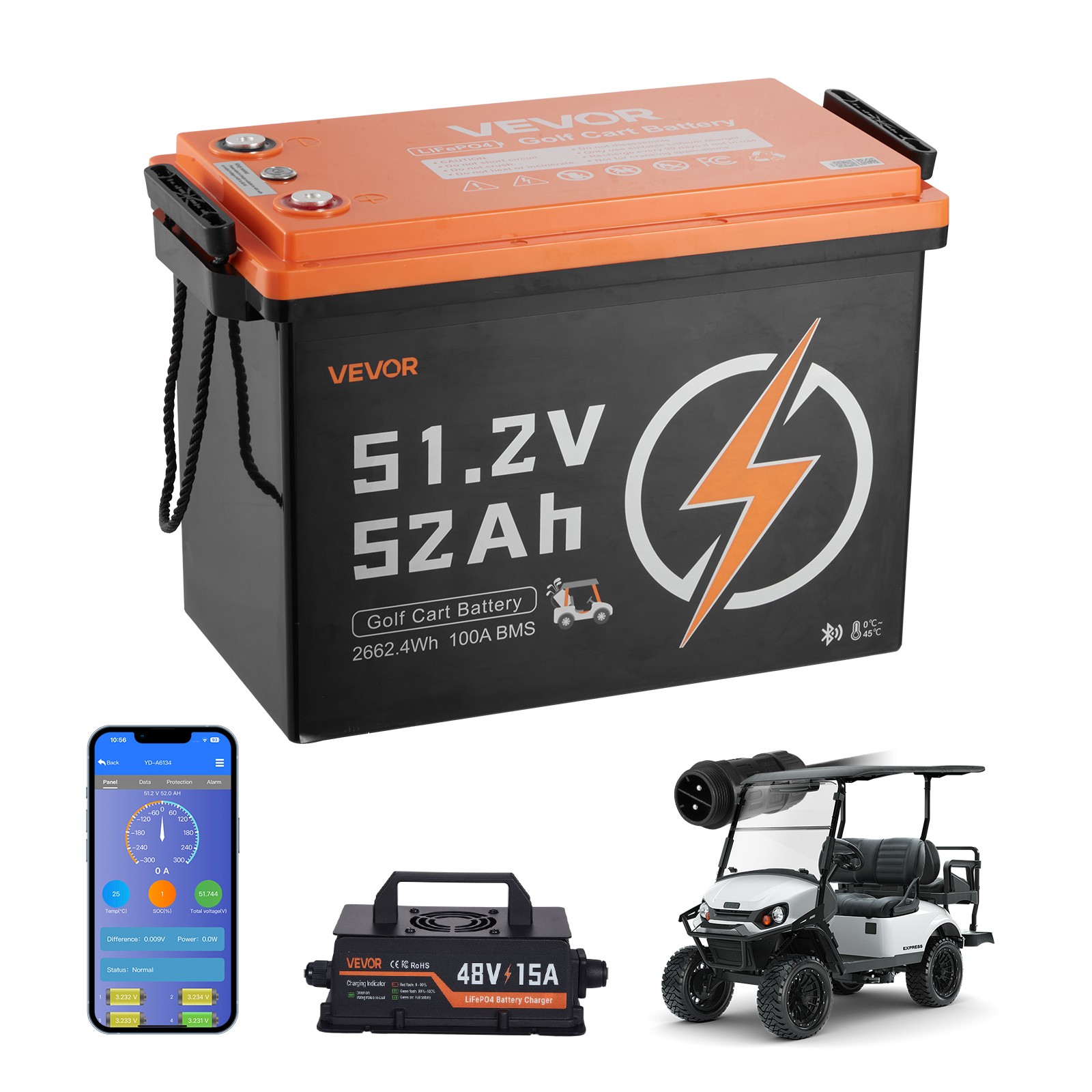VEVOR 48V 52AH Lithium Golf Cart Battery Lifepo4 15A Charger Bluetooth APP