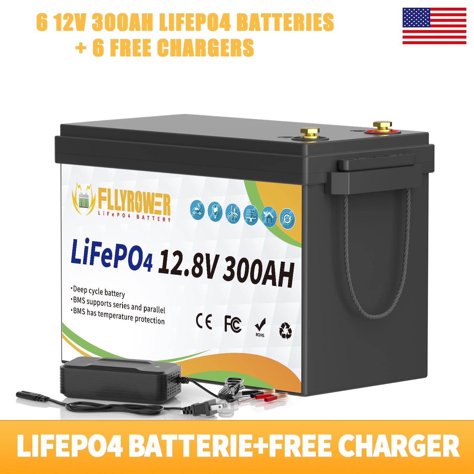 6PCs 12V 300Ah LiFePO4 Battery Deep Cycle Lithium Battery 200A BMS RV Solar Boat