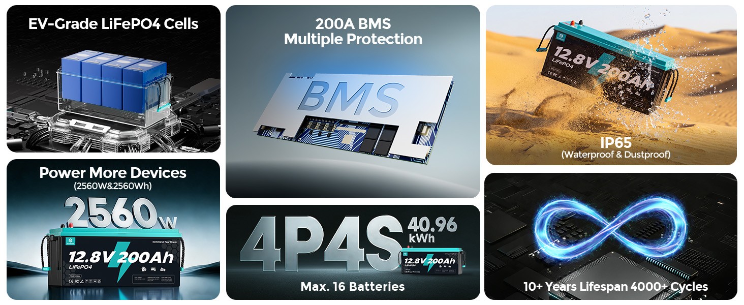 12V 200Ah LiFePO4 Battery 200A BMS 2560Wh Low Temp Protection for RVs Off-Grid