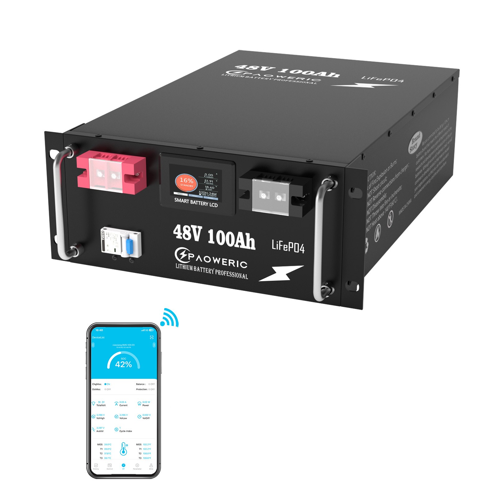 Paoweric 48V 100Ah LiFePO4 Battery Server Rack Solar 200A BMS