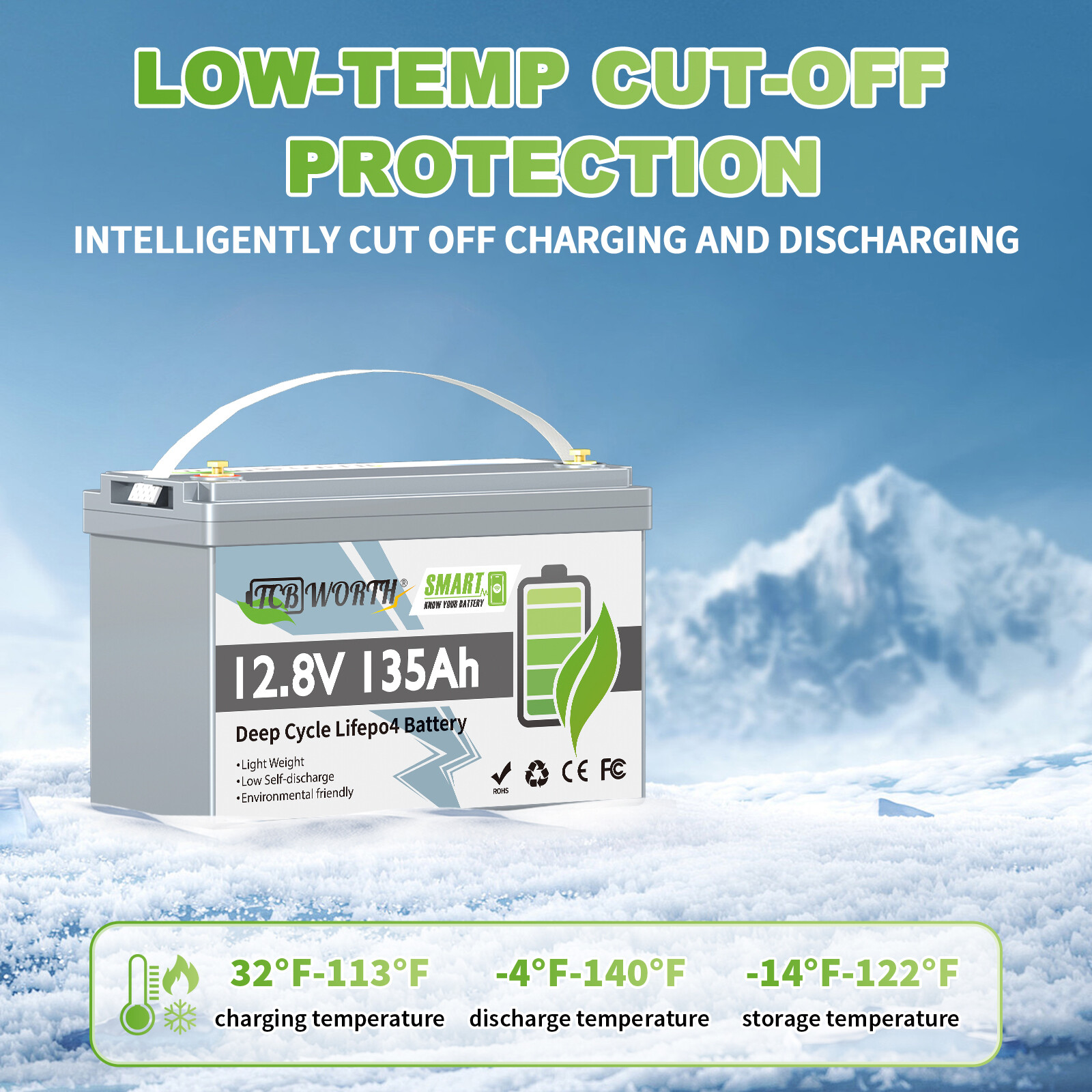 TCBWORTH 12V 135Ah Low-Temp Cut-off LiFePO4 Battery BMS For Trolling Motor New