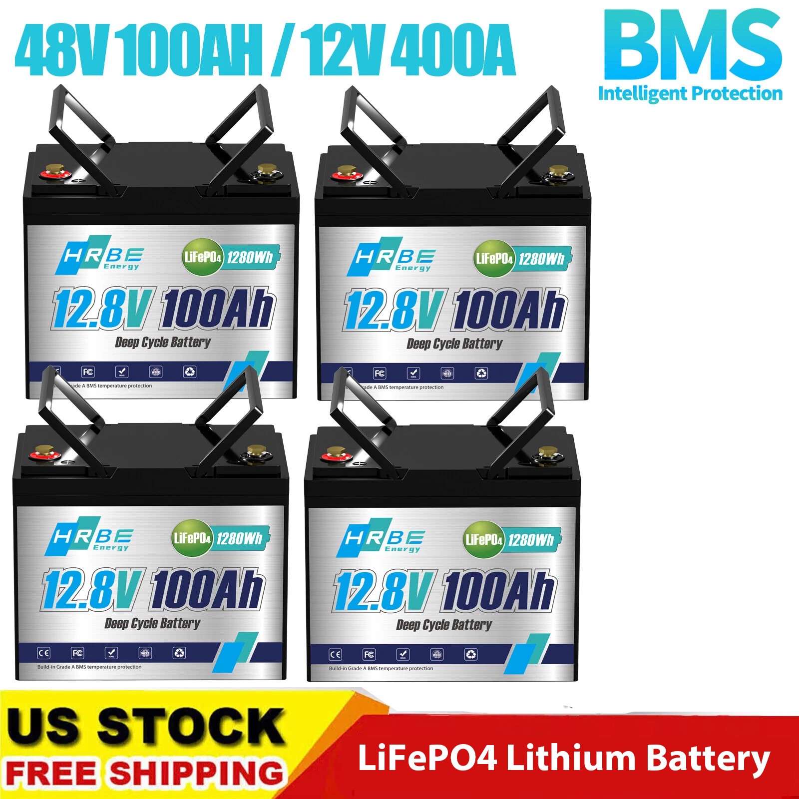 4 Pack 12V 100AH LiFePO4 Lithium Battery 100A BMS 10000+ cycles RV Solar 48V100A