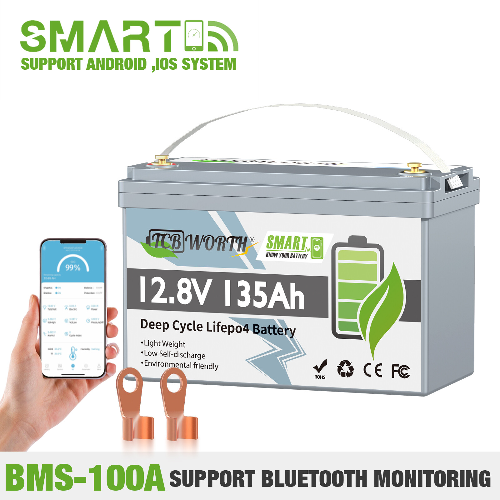 LiFePO4 12V 135Ah Lithium Deep Cycle Battery Bluetooth RV Marine Solar Off-Grid