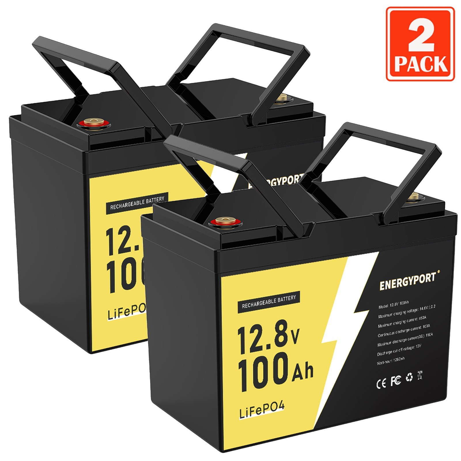 2Pcs LiFePO4 Battery 12V 100Ah Deep Cycle Built-in BMS RV Solar Marine Golf Cars