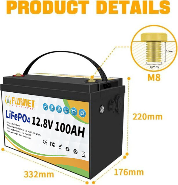 12V 100Ah LiFePO4 Deep Cycle Lithium Battery w/ 100A BMS for Solar RV Off-grid