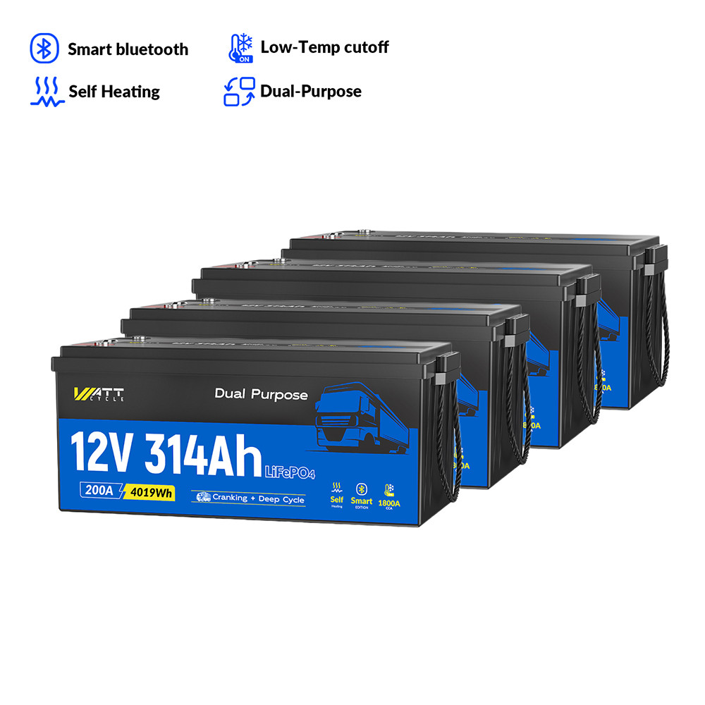 Wattcycle 4Pack 12V 314Ah LiFePO4 Battery Dual Purpose Truck Starter Sailboat RV