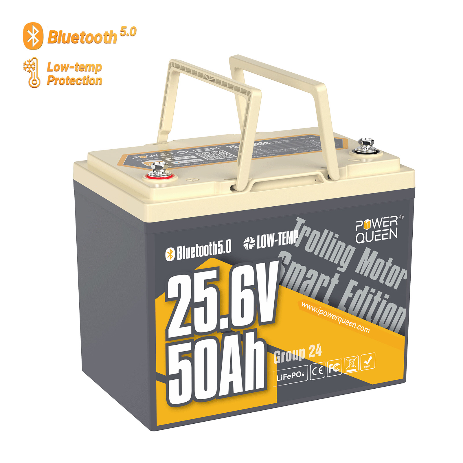 Power Queen 24V 50Ah TM Bluetooth LiFePO4 Lithium Battery BMS for Solar Marine