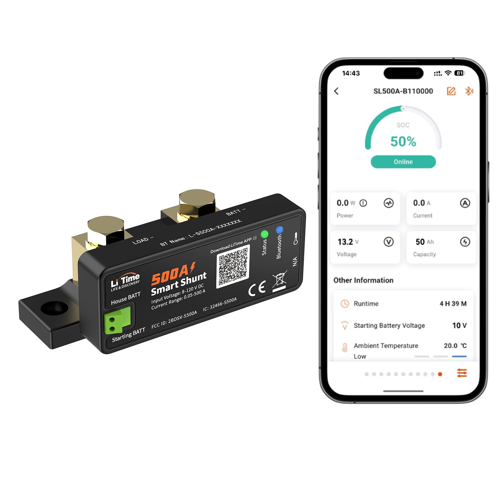 LiTime 8-120V 500A Smart Bluetooth Shunt Battery Monitor for LFP SLA FLD AGM GEL