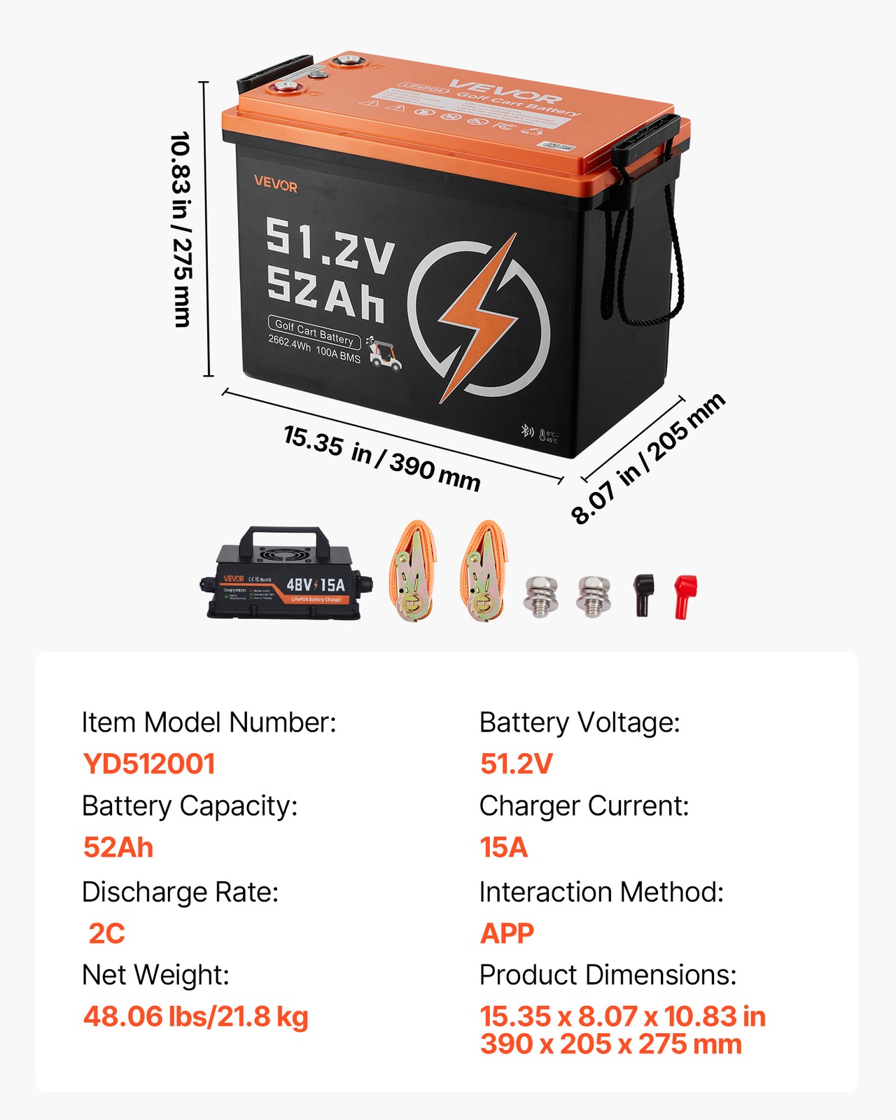 VEVOR 48V 52AH Lithium Golf Cart Battery Lifepo4 15A Charger Bluetooth APP