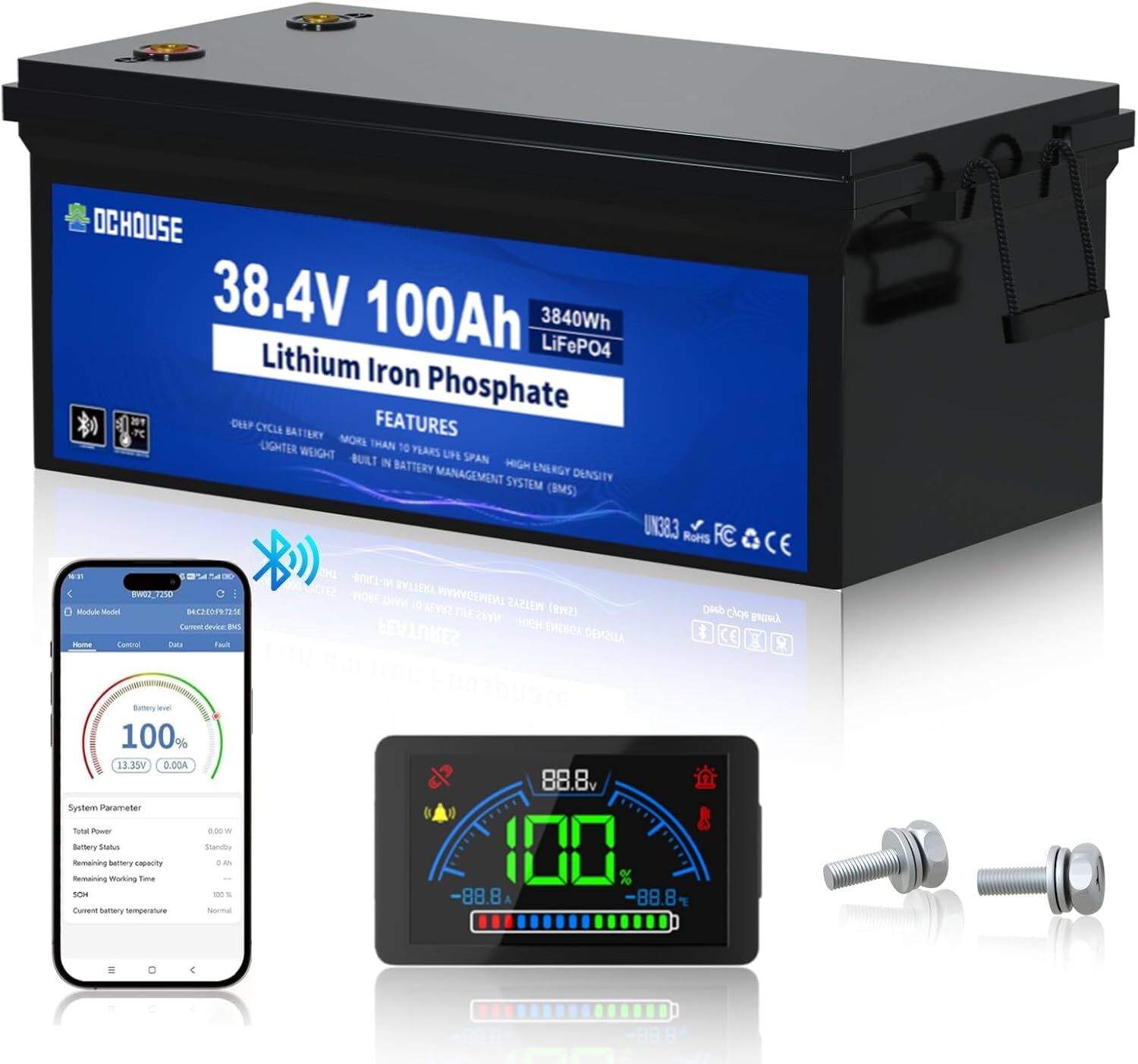 36V 100AH Golf Cart Lithium Battery Bluetooth APP& LCD Monitor Deep Cycle BMS