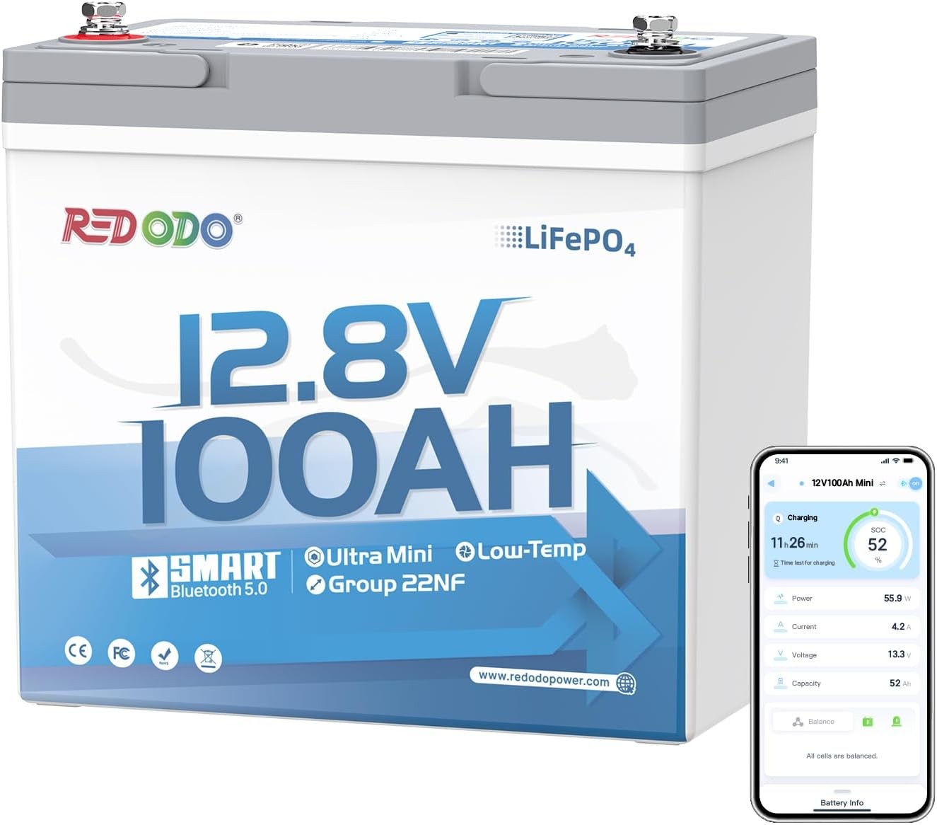 Redodo 12V 100Ah Bluetooth LiFePO4 Lithium Battery Group 22NF Ultral-Mini Size