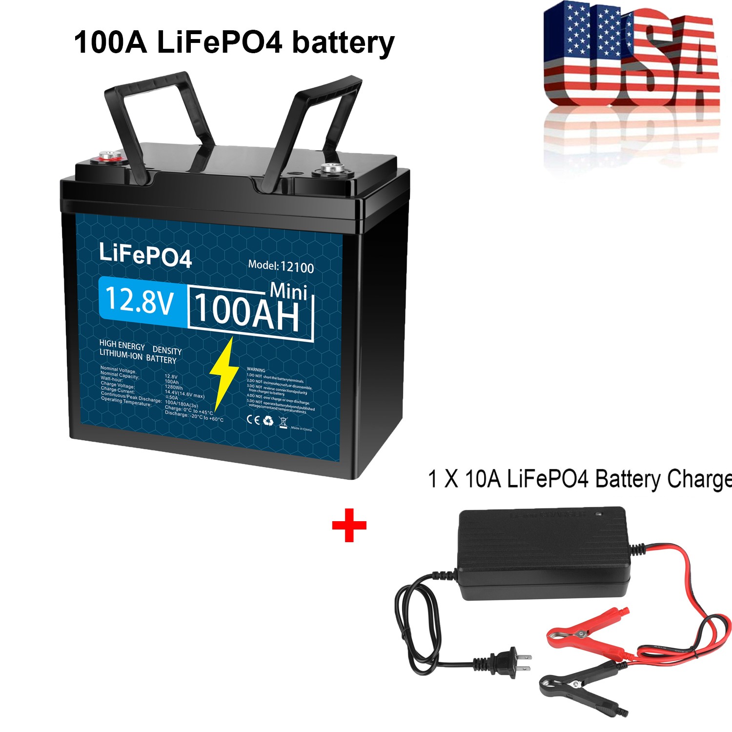 12V 100Ah LiFePO4 Lithium Battery Deep Cycle BMS For RVs Solar Off-grid+Charge