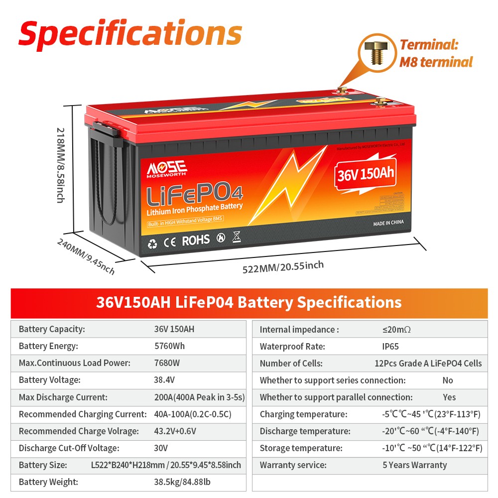 36V 150AH Golf Cart Lithium Battery Bluetooth APP 200A BMS Rechargeable LiFePO4