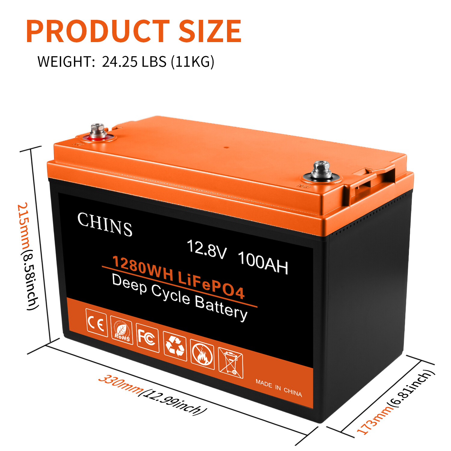 CHINS 100AH 12V Deep Cycle LiFePO4 Lithium Battery for RV Solar System Home BMS