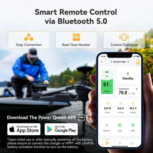 Power Queen 36V 50Ah Lithium Battery Bluetooth for Trolling Motor Refurbished