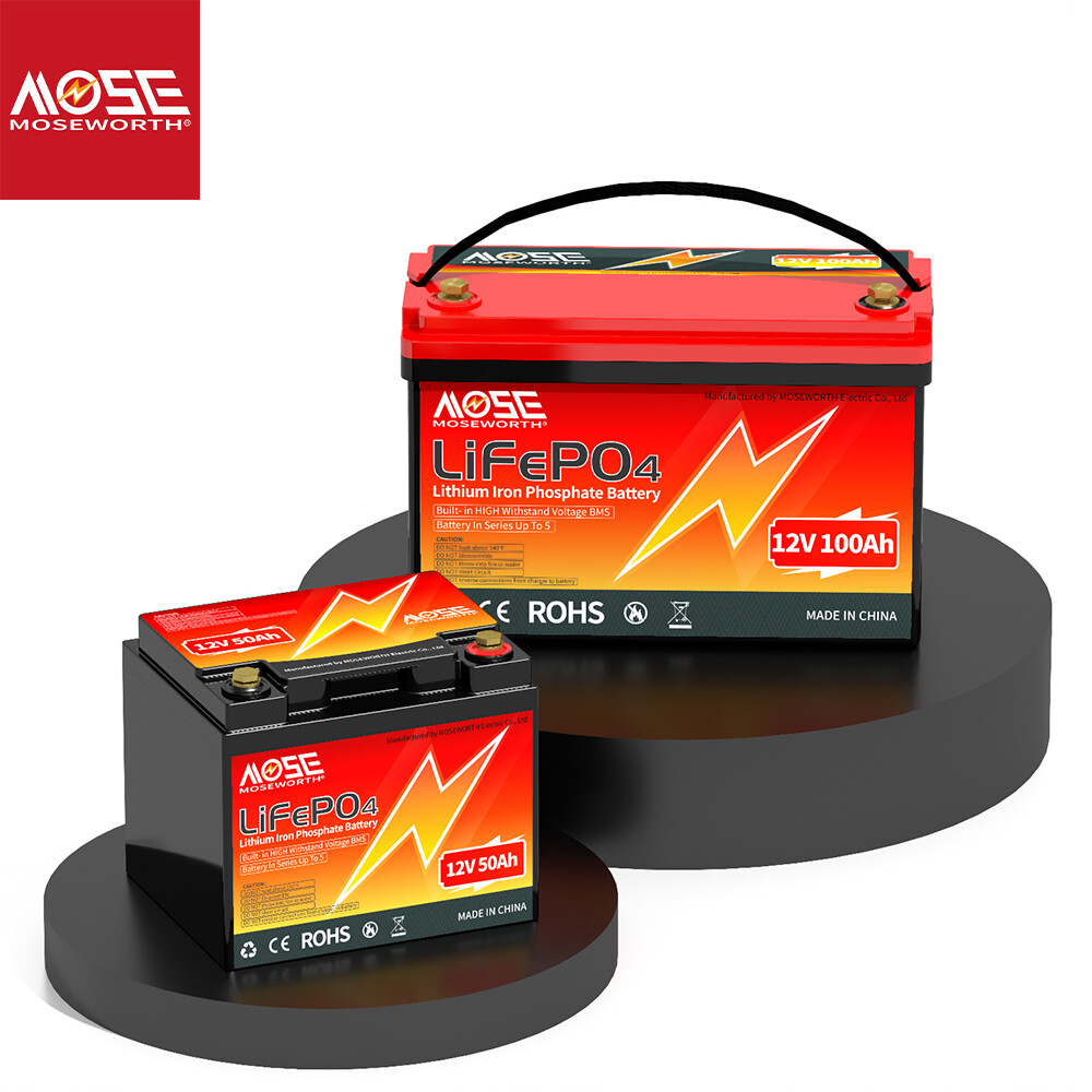 MOSEWORTH 12V 50Ah 100Ah Lithium Battery LiFePO4 Deep Cycle for RV Solar Marine