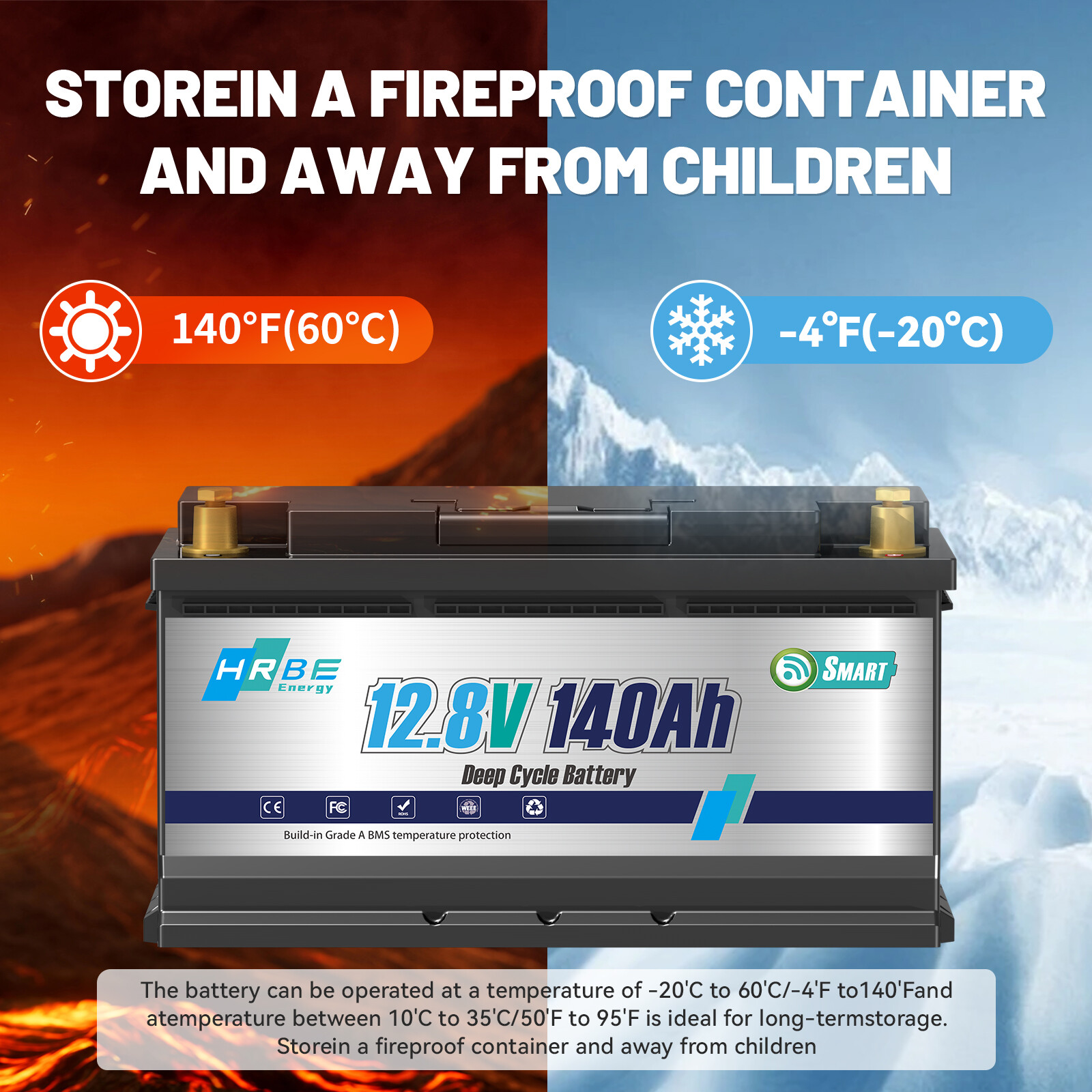HRBEENERGY 12V 140Ah LiFePO4 Lithium Battery 100A BMS 1790Wh For RV Trailer Boat