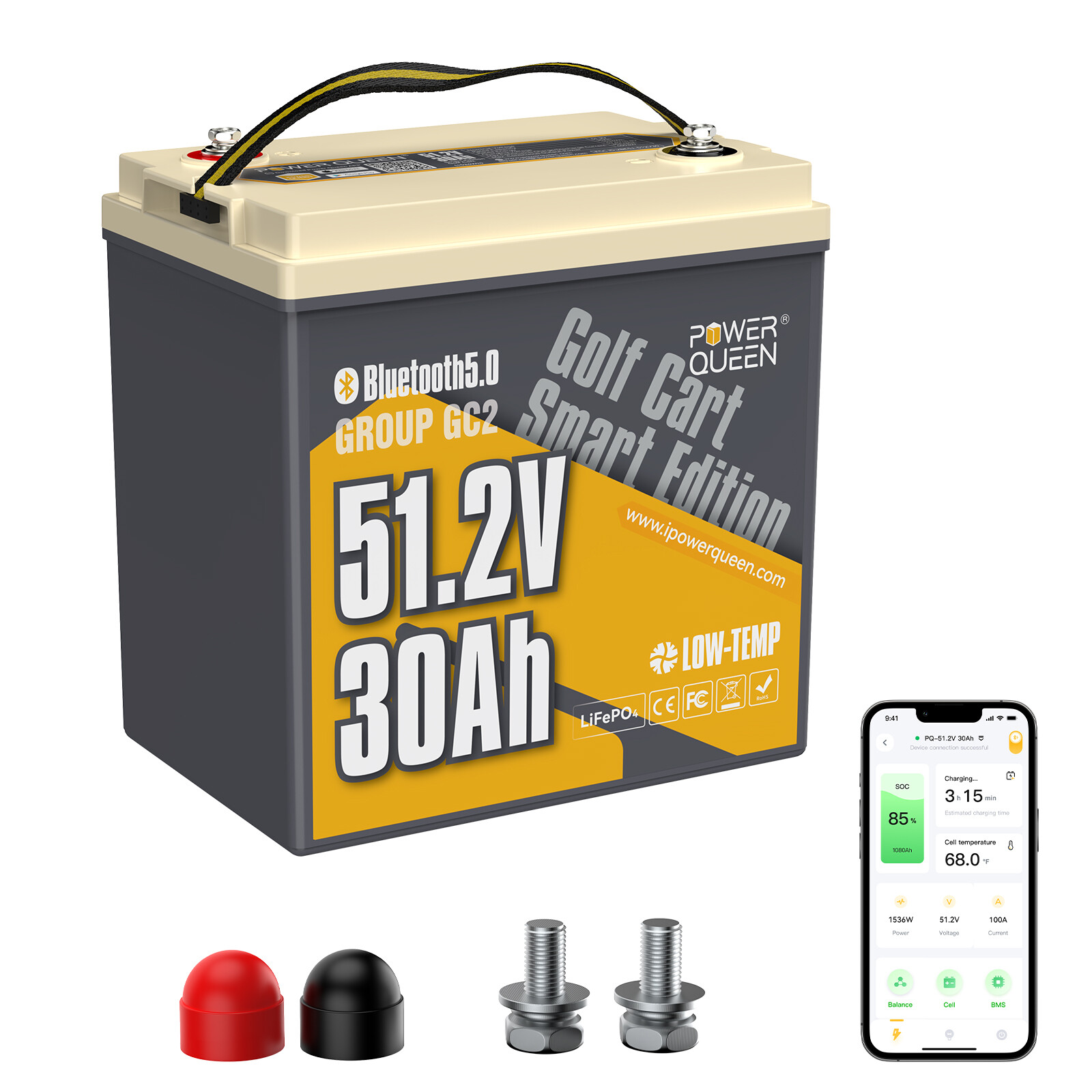 Power Queen 48V 30Ah Bluetooth Low Temp Golf Cart Lithium LiFePO4 Battery BMS
