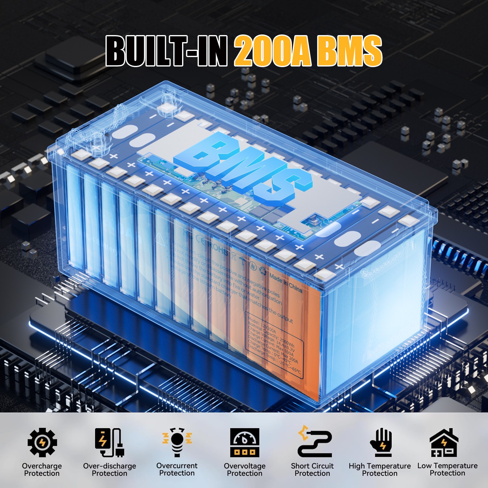 12V 200Ah LiFePO4 Lithium Battery Deep Cycle Built-in BMS for Solar RV Off-Grid