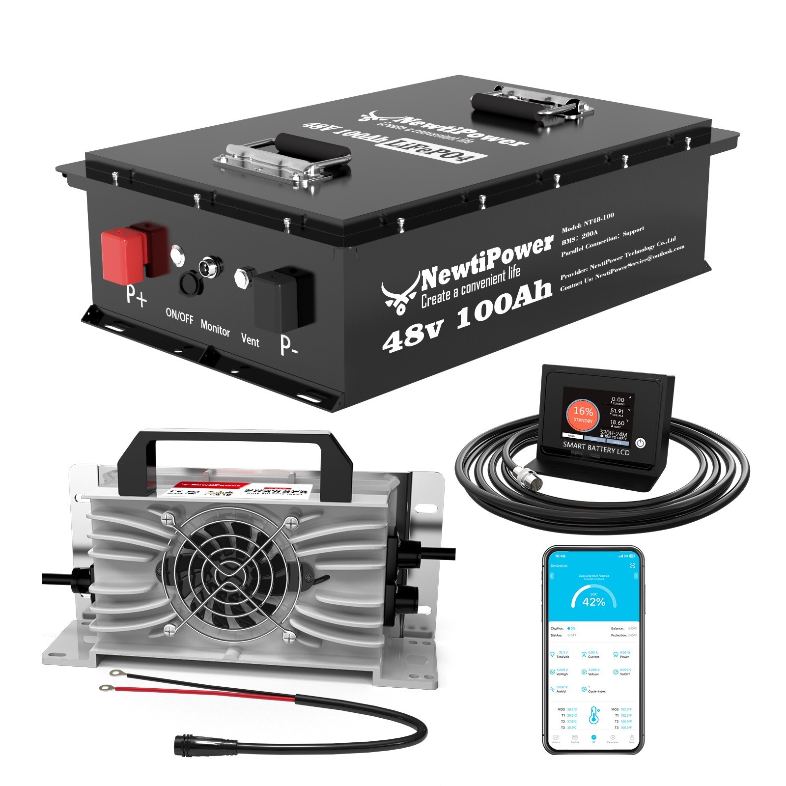 NewtiPower 48V 100Ah Golf Cart LiFePO4 Lithium Battery 200A BMS Off-grid Solar