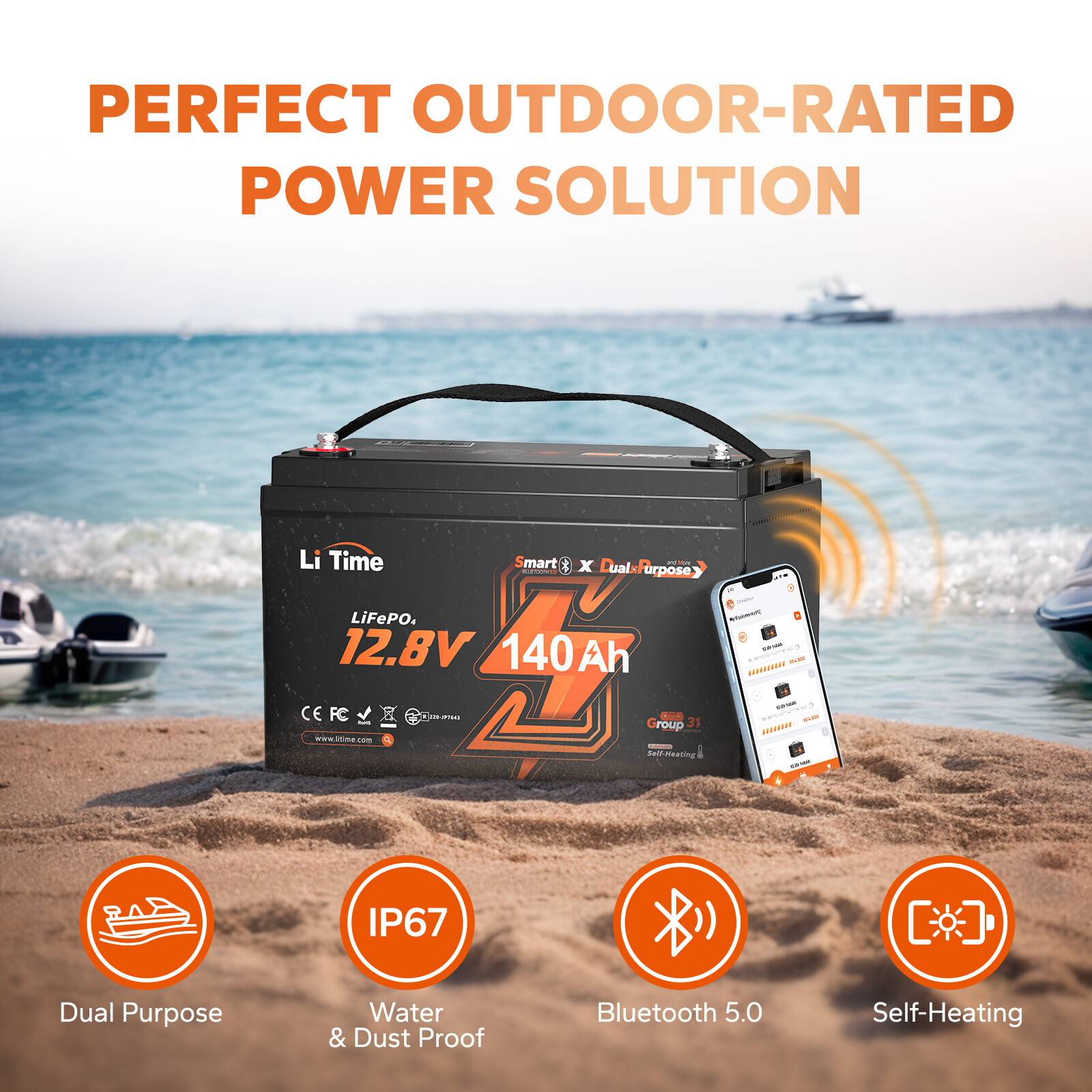 Refurbished LiTime 12V 140Ah Bluetooth Dual Use Marine LiFePO4 Battery CCA 1000