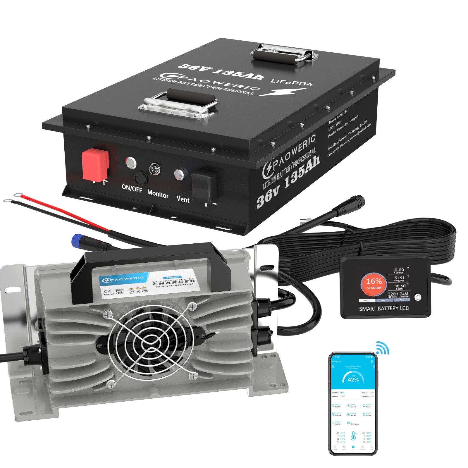 36V 135Ah LiFePO4 Lithium Golf Cart Battery 200A BMS Metal Case Solar Off-Grid