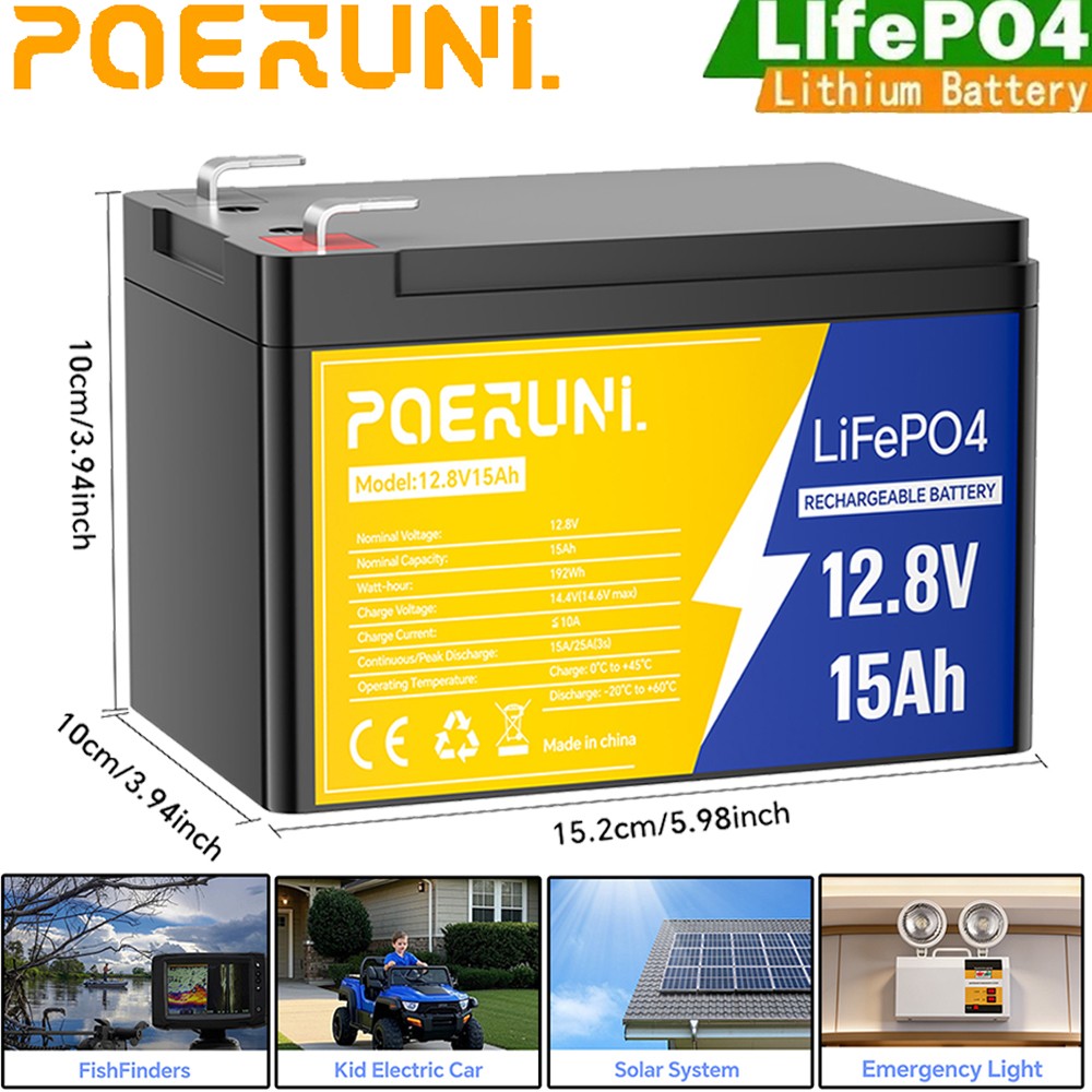12V 15Ah LiFePO4 Lithium Battery Built-in BMS Deep Cycle For Solar RV Marine RV
