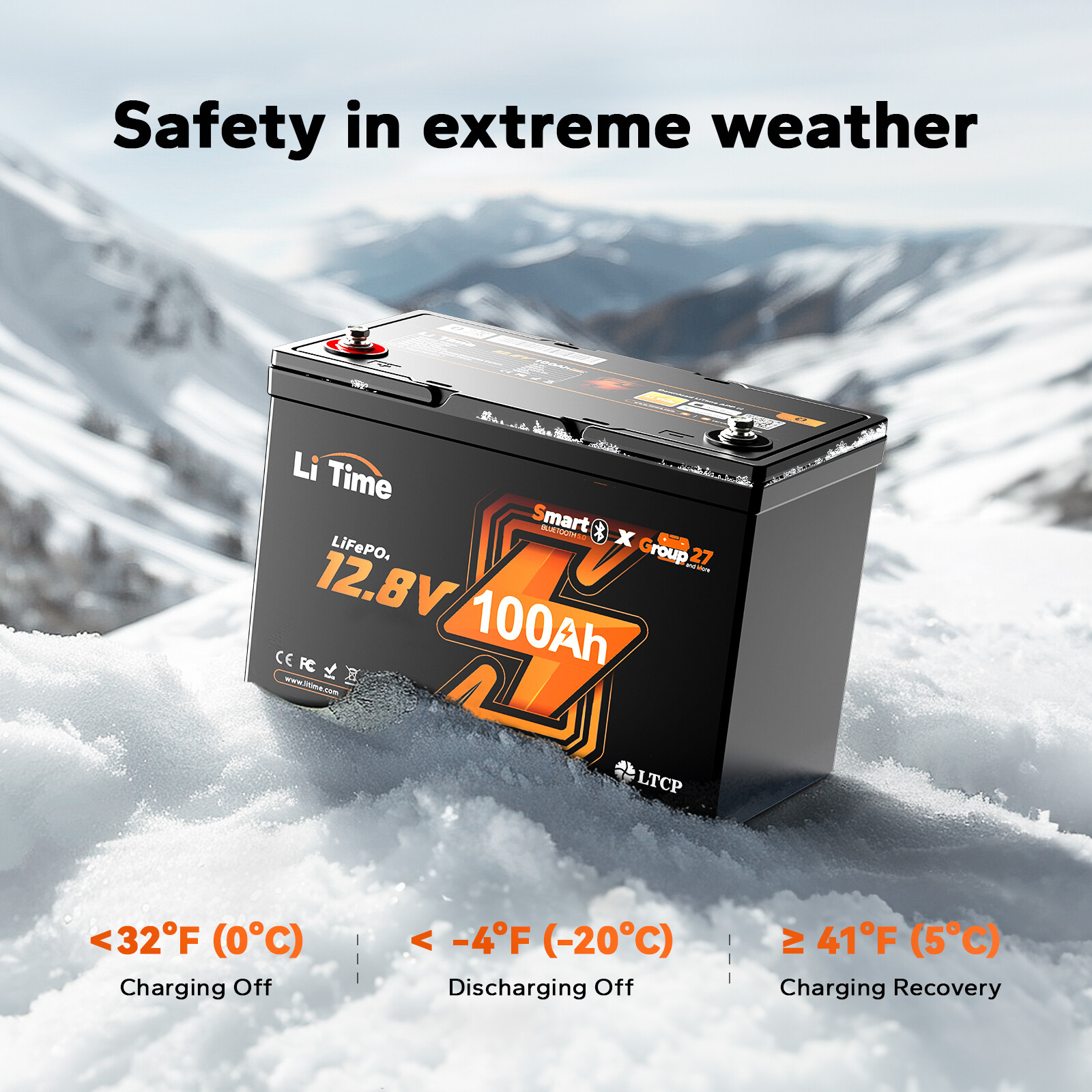 LiTime 12V 100Ah Group27 Bluetooth Low Temp LiFePO4 Lithium Battery For RV Boat