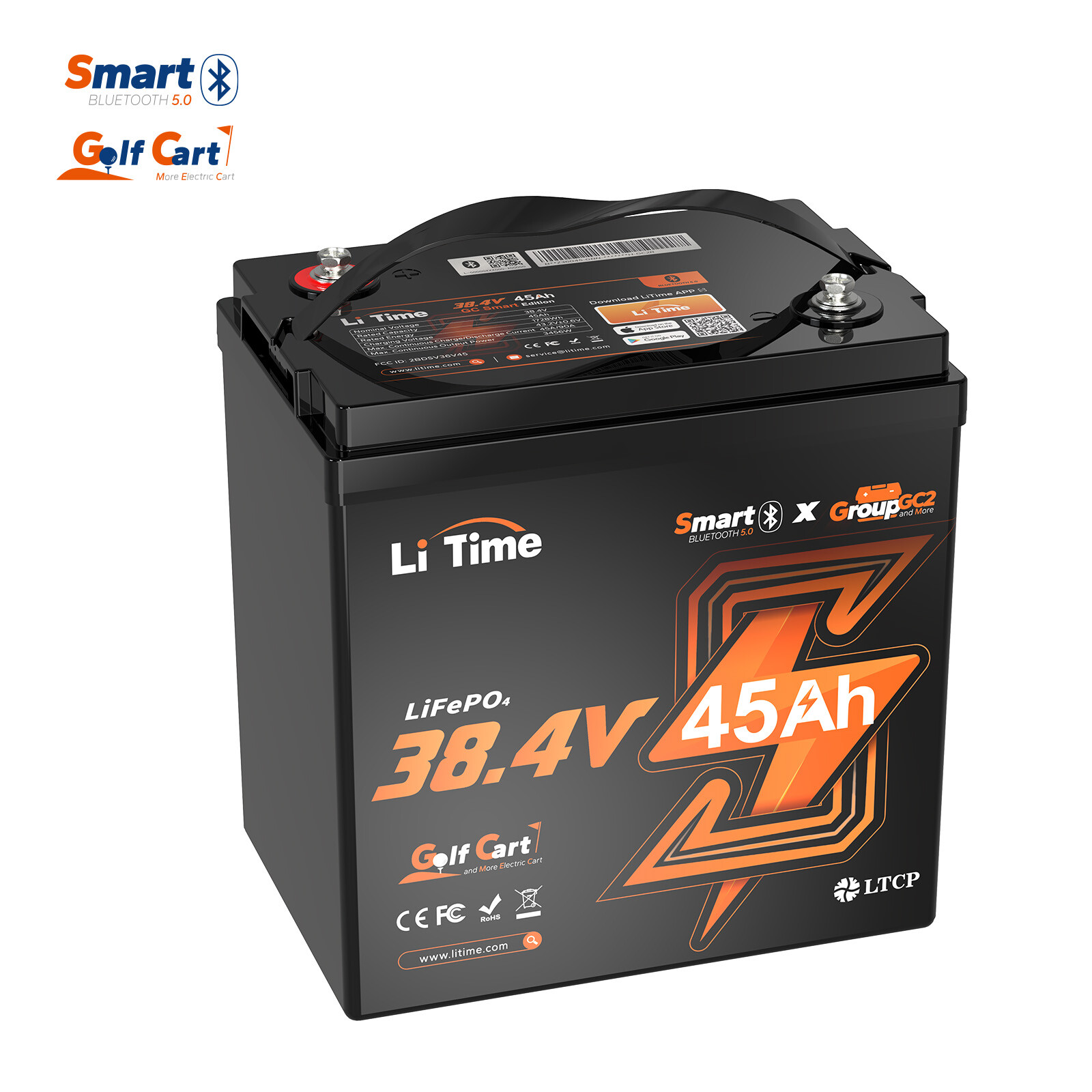 LiTime 36V 45Ah GC2 Golf Cart LiFePO4 Lithium Battery Deep Cycle 1728Wh 90A BMS