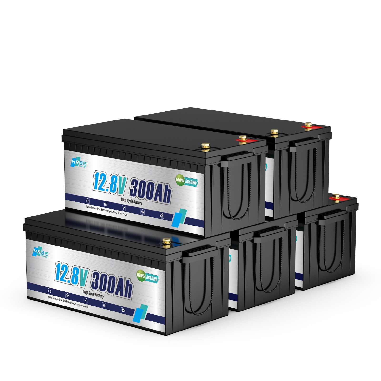 5pcs 12V 300Ah Deep Cycle Lithium Battery LiFePO4 200A BMS for RV Solar Boat
