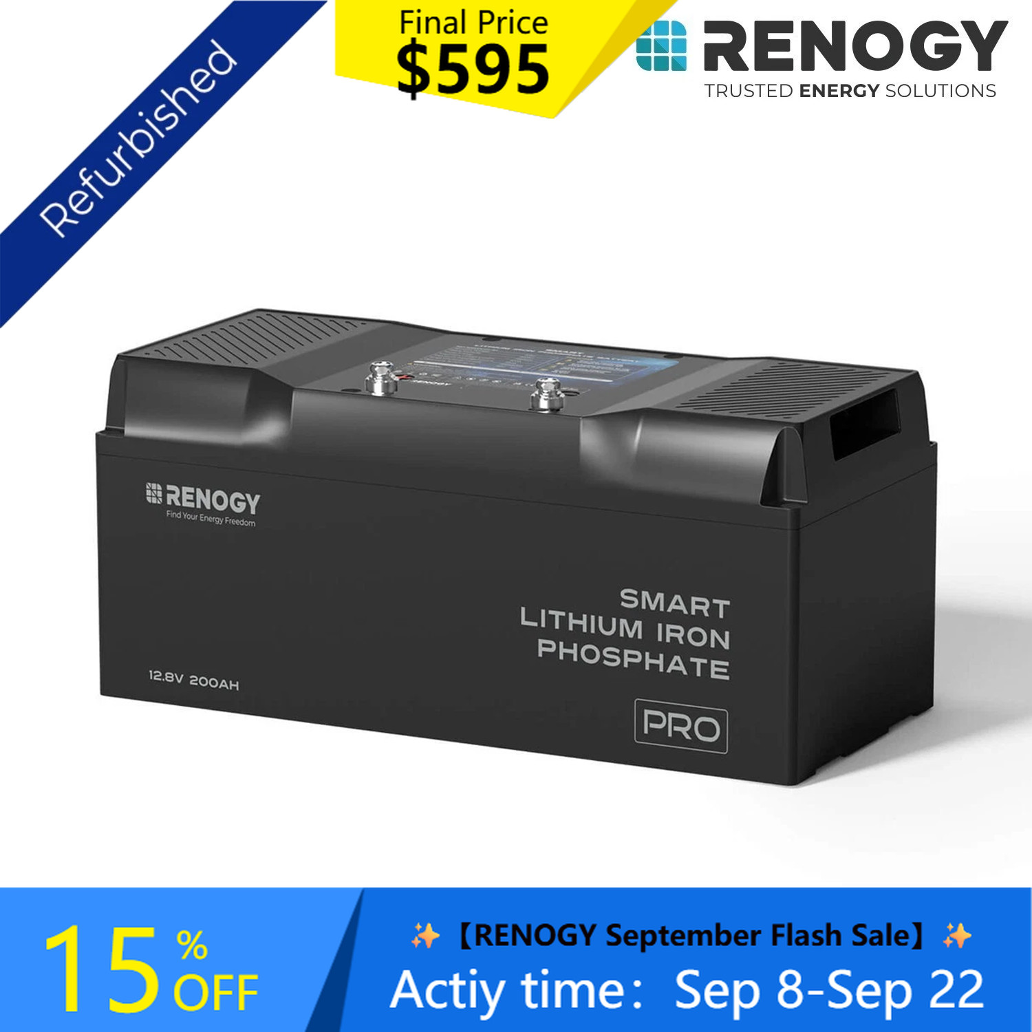 ‌Renogy 12V 200Ah BSH-LFP Battery‌ 5000+Deep Cycles IP67 Certified Refurbished