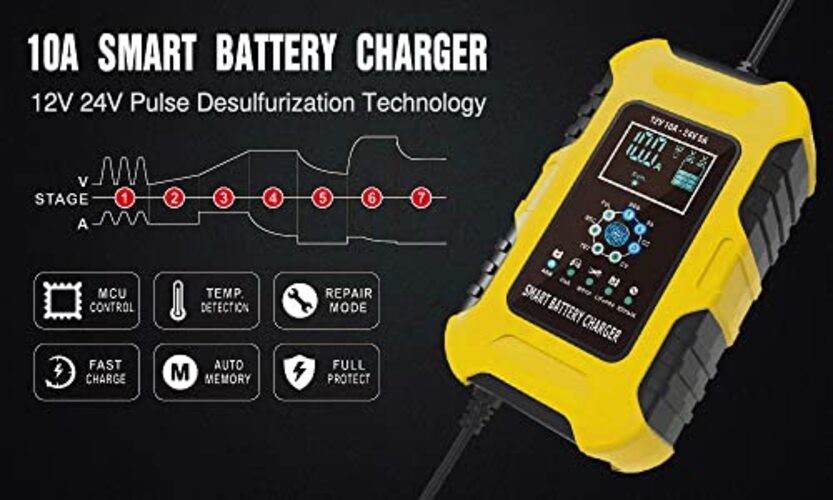 12V/24V 10-Amp Car Battery Quick Charger for Wet/GEL/SLA/LiFePO4/Lead-Acid/AGM