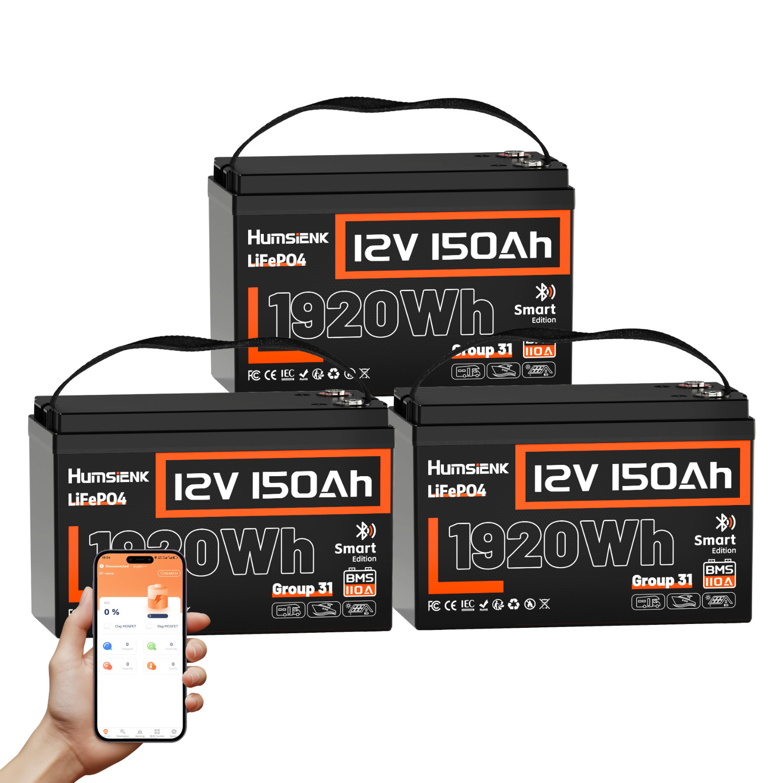 3Pack 12V 150Ah LiFePO4 Lithium Battery Group31 Bluetooth APP 110A BMS Marine RV