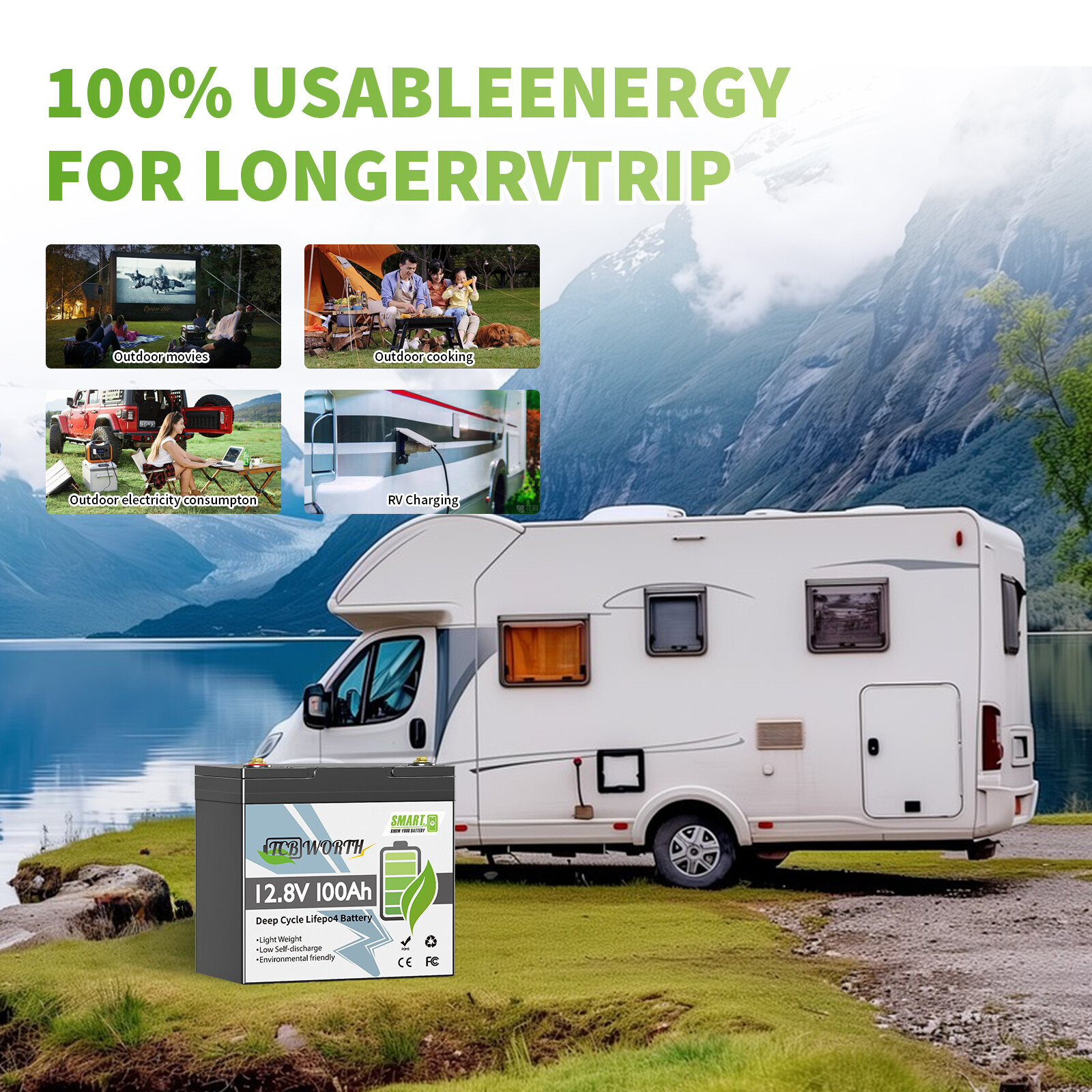 12V 100AH LiFePO4 Lithium MINI Battery Bluetooth 100A BMS for Solar RV Off-grid