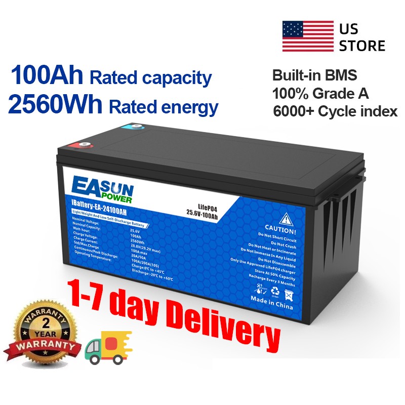 Easun 24V 100Ah LiFePO4 Lithium Battery BMS 6000+Deep Cycles for Home PV System
