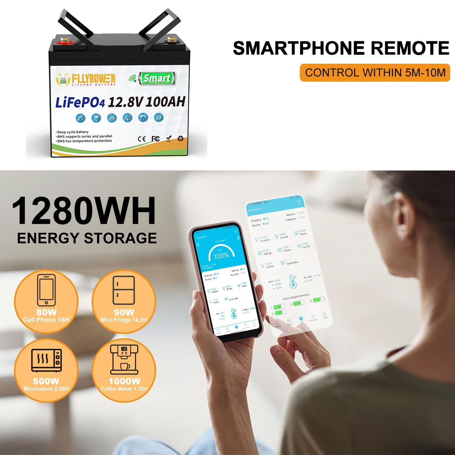 12V 100Ah LiFePO4 Lithium Battery Bluetooth monitoring For RV Solar Marine