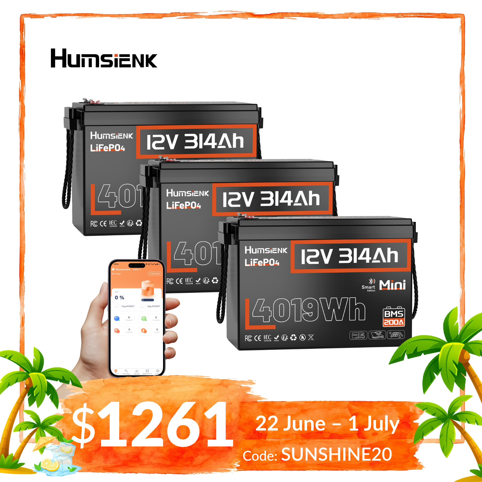 3Pack 12V 314Ah 300Ah Mini LiFePO4 Lithium Battery 12KWh Deep Cycles Home Backup