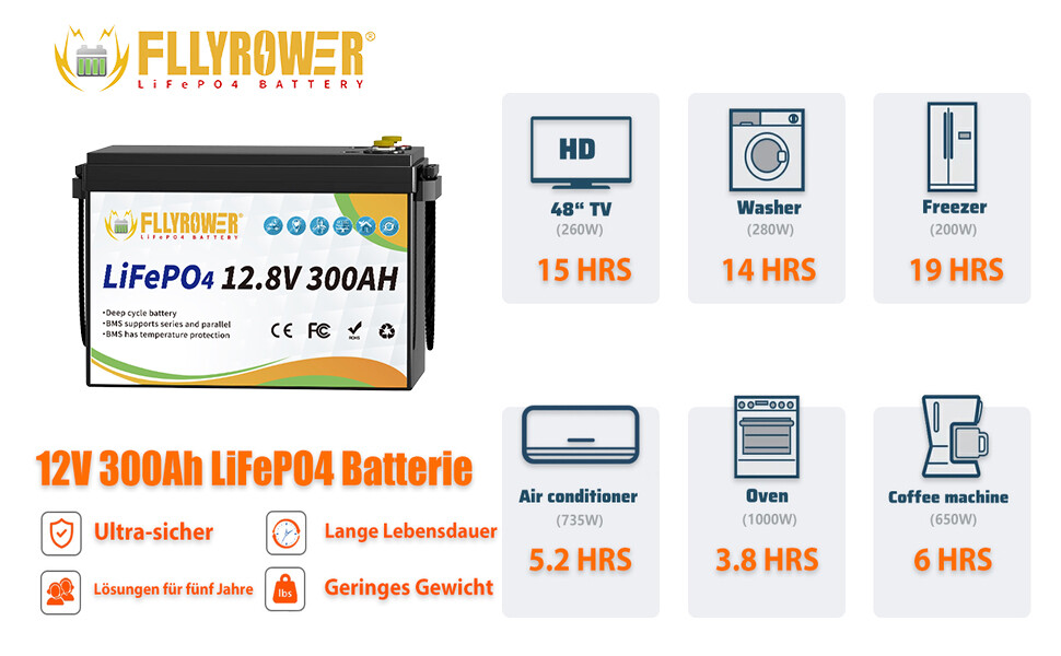 FLLYROWER 12V 100Ah 200Ah 300Ah LiFePO4 Lithium Battery Deep Cycle for RV Marine