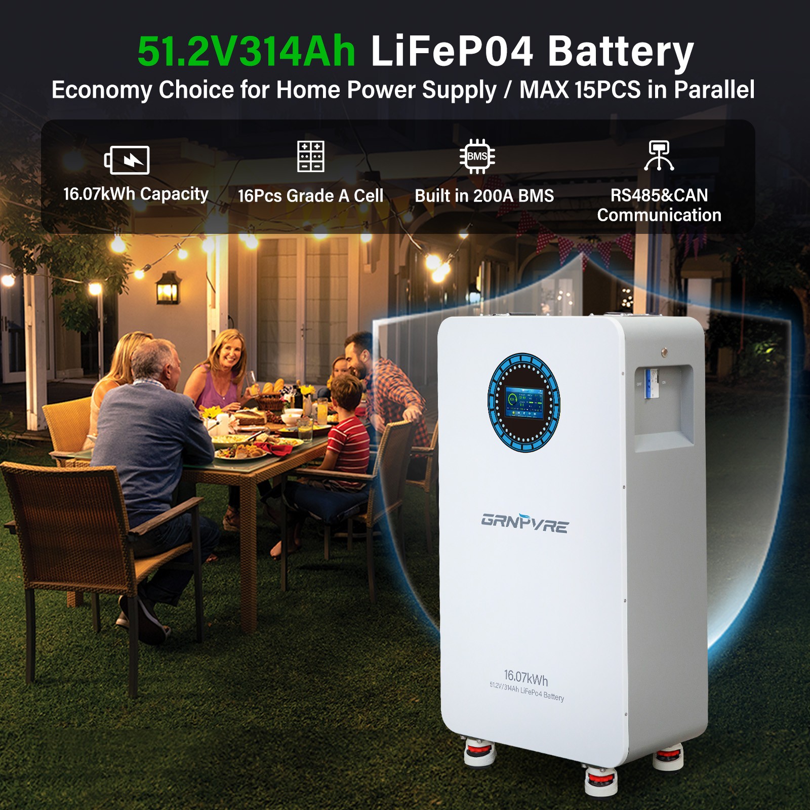 6* 51.2V 314Ah LiFePO4 Lithium Battery 16.07kWh For Home Solar Energy Storage PV