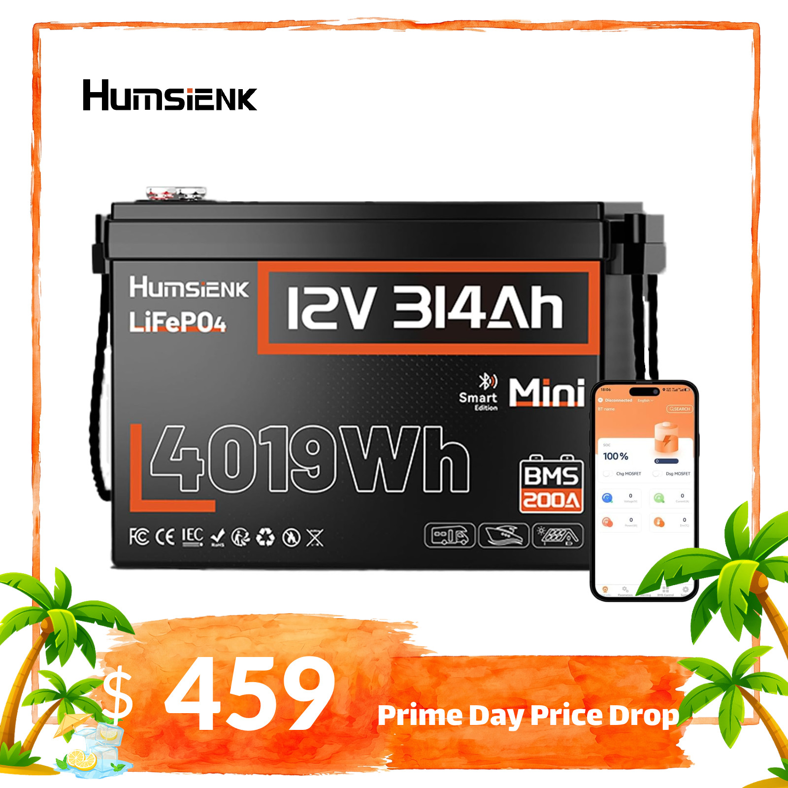 Humsienk 12V 314Ah 300Ah 4019Wh LiFePO4 Lithium Battery 200A BMS Bluetooth APP
