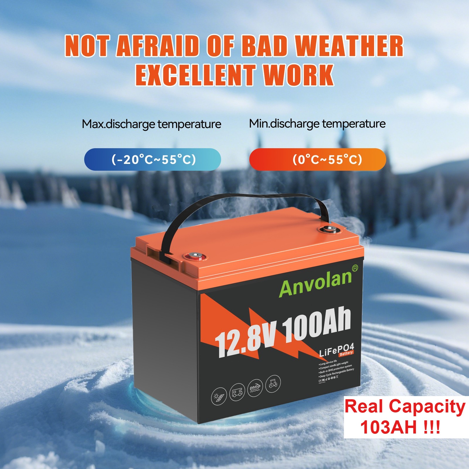 12V 100Ah LiFePO4 Battery Anvolan BMS Deep Cycle For RV Solar Energy Off Grid