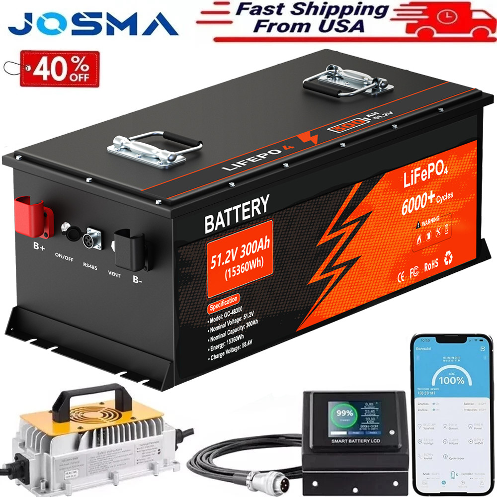 48V 300Ah Lithium Golf Cart Battery 200A BMS 6000+Cycles APP Charger Monitor Set