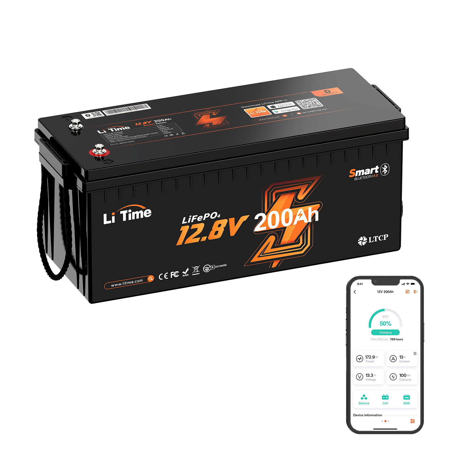 LiTime 12V 200Ah 2560Wh Bluetooth LiFePO4 Lithium Battery for RV Marine Solar
