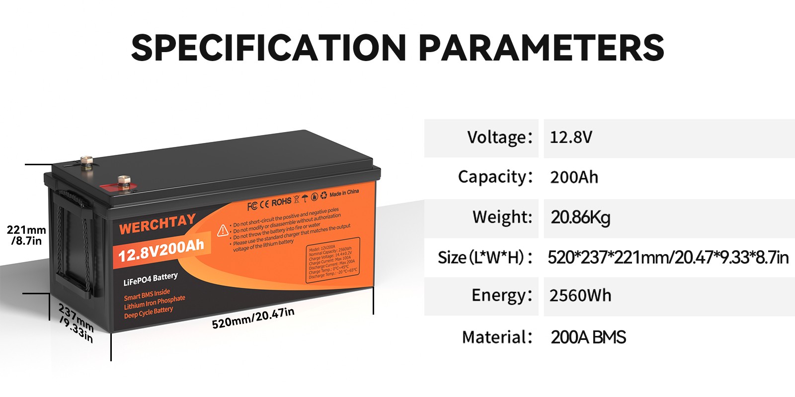 12V 200Ah LiFePO4 Lithium Battery Deep Cycle Built-in BMS for Solar RV Off-Grid
