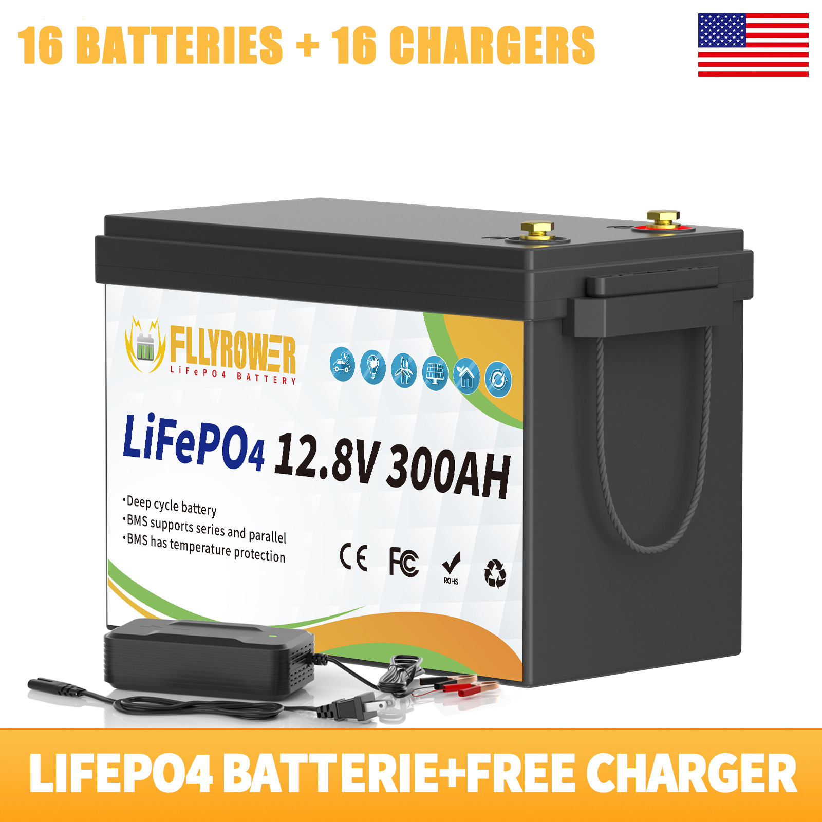 16PC 12V 300Ah LiFePO4 Battery Deep Cycle Lithium Battery 200A BMS RV Solar Boat