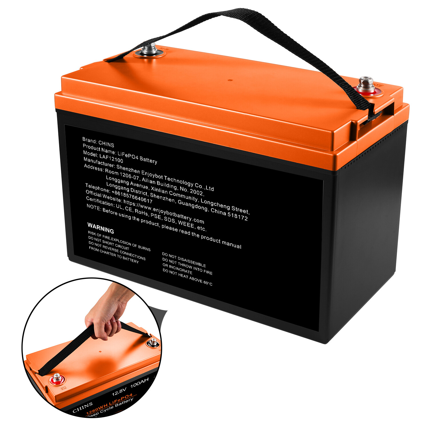 CHINS 100AH 12V Deep Cycle LiFePO4 Lithium Battery for RV Solar System Home BMS