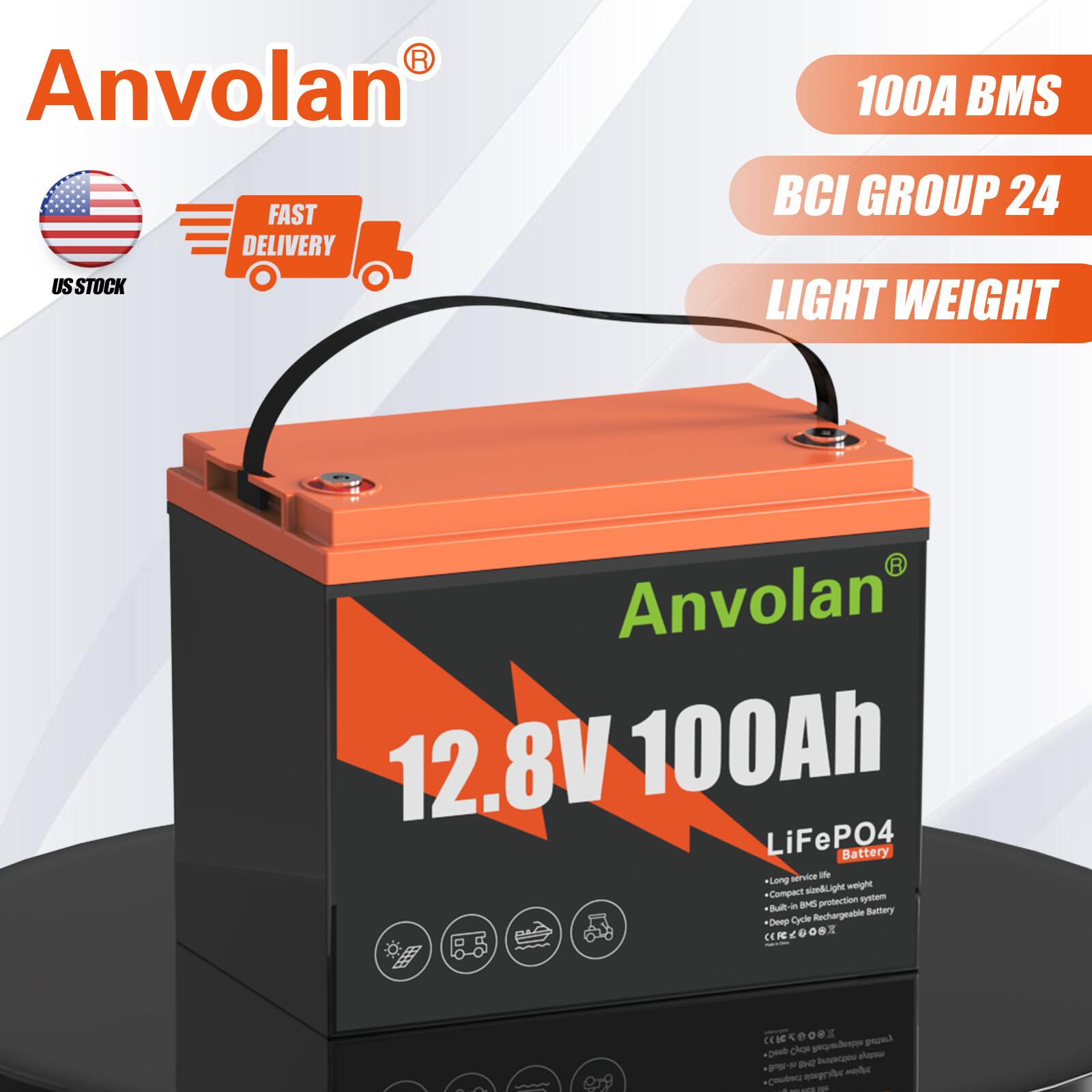Aanvolan 12V 100Ah LiFePO4 Lithium Battery Deep Cycle BMS for RV Home