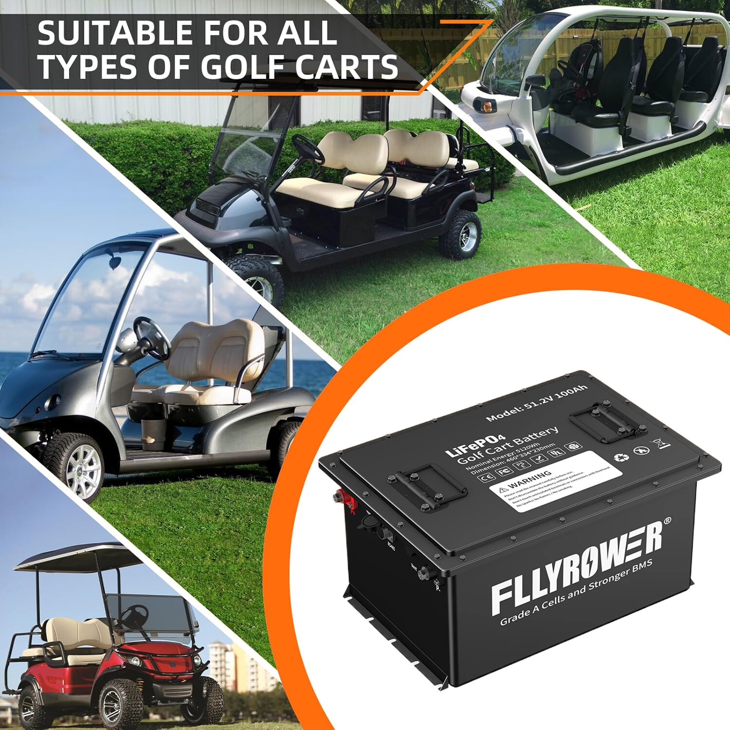 48V 105Ah Lithium Golf Cart Battery Built-in Smart 200A BMS +20A Charger 10Year