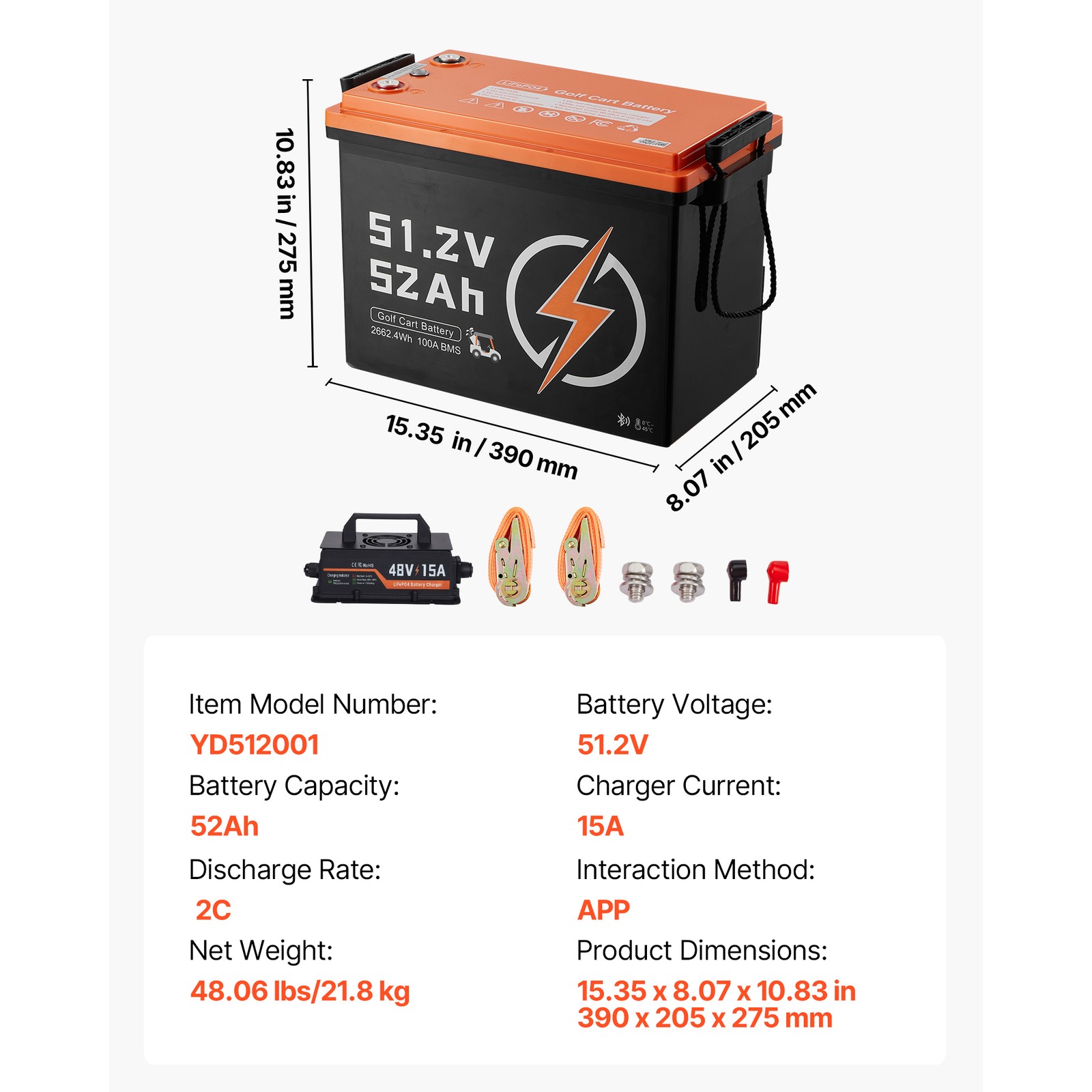 Uimoso 48V 52Ah Lithium Golf Cart Battery with 15A Charger and Bluetooth App